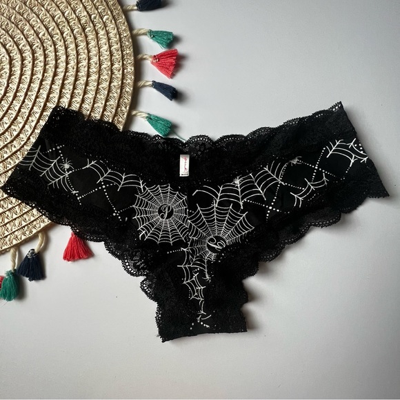 Victoria's Secret PINK Lace Waist Cheeky Panty Halloween Spider Web Black L NEW - Picture 5 of 6